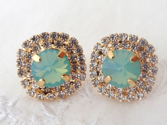 Mint green opal and clear crystal rhinstones by EldorTinaJewelry
