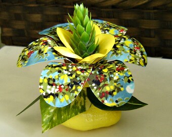 Tropical Fabric Flower on Bright Yellow Rock - Paperweight / Table Decor