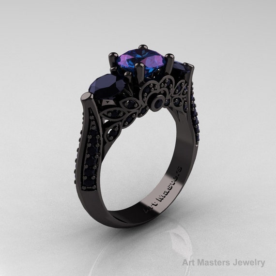 Black Gold Three Stone Russian Chrisoberyl Alexandrite Black Diamond ...