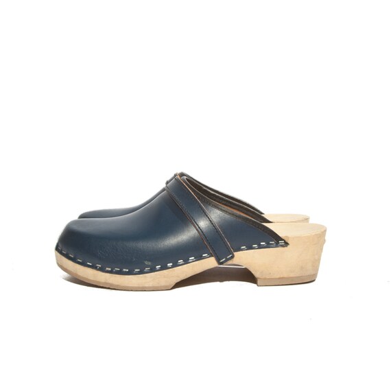 Wooden Clogs Stapled Blue Leather Mules Women size 38 EURO 7