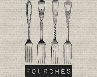 Forks French Words Silverware Cutlery Kitchen Decor Art Printable Digital Download for Iron on Transfer Fabric Pillows Tea Towels DT1445