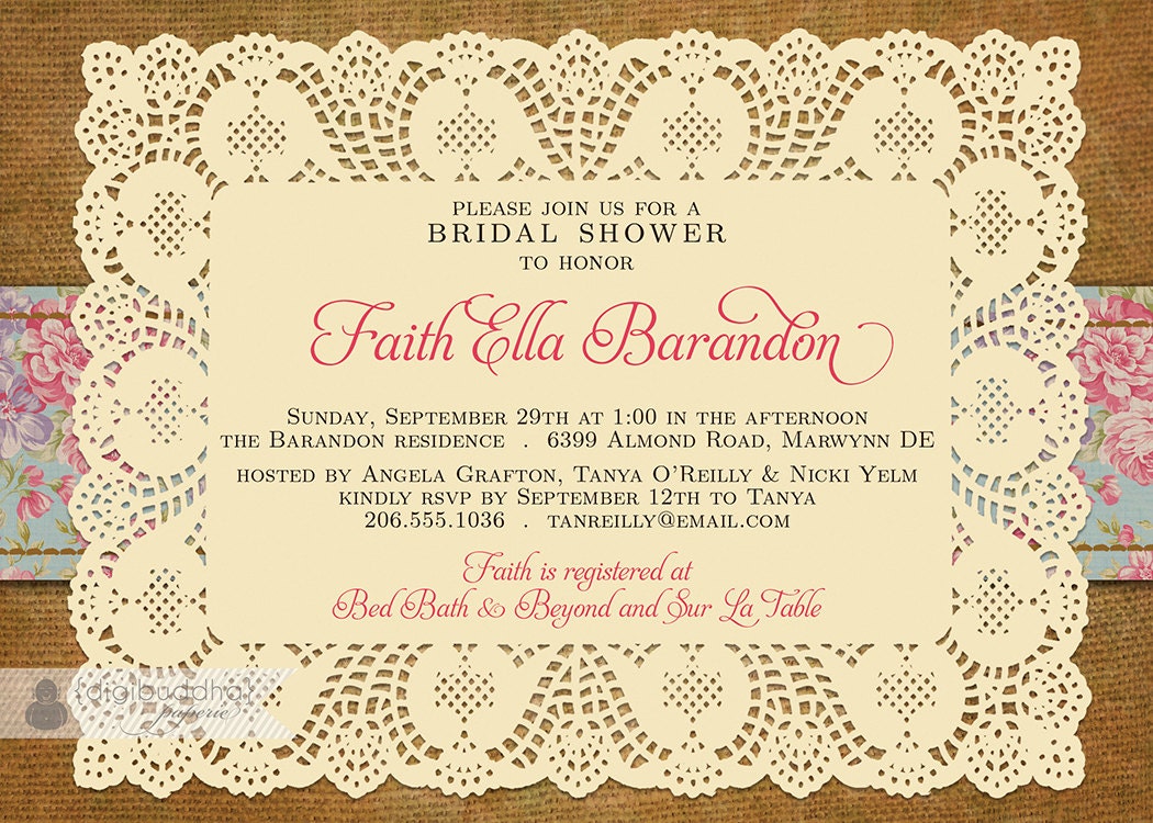 Lace Burlap Bridal Shower Invitation Vintage Rose Chic Floral