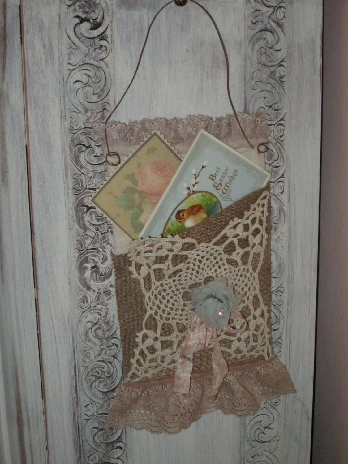 Shabby Chic Burlap and Lace wall pocket Wall Hanging