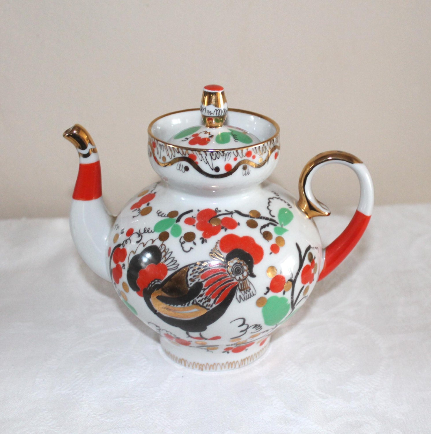 Russian Lomonosov porcelain teapot hand decorated rooster