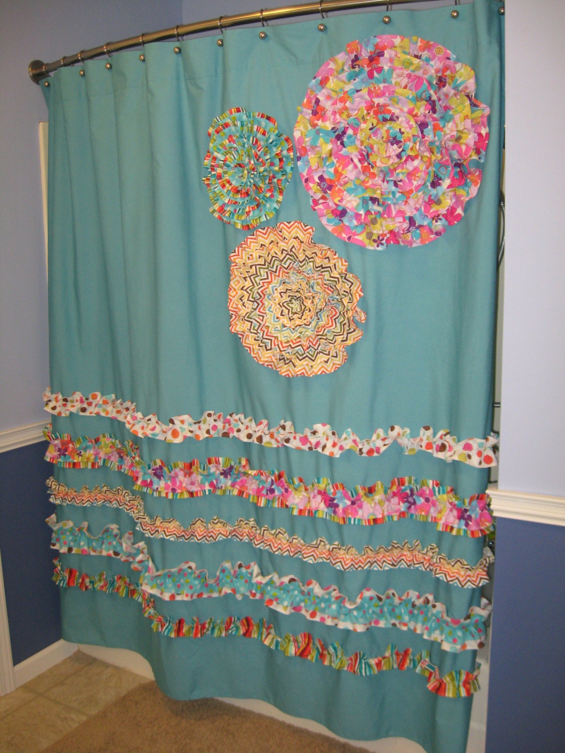 Shower Curtain Custom Made Designer Fabric Ruffles Flowers