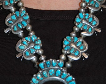 Stunning Old Pawn Zuni Sterling Natural Morenci Turquoise Squash Blossom Necklace w Earrings 175 Grams
