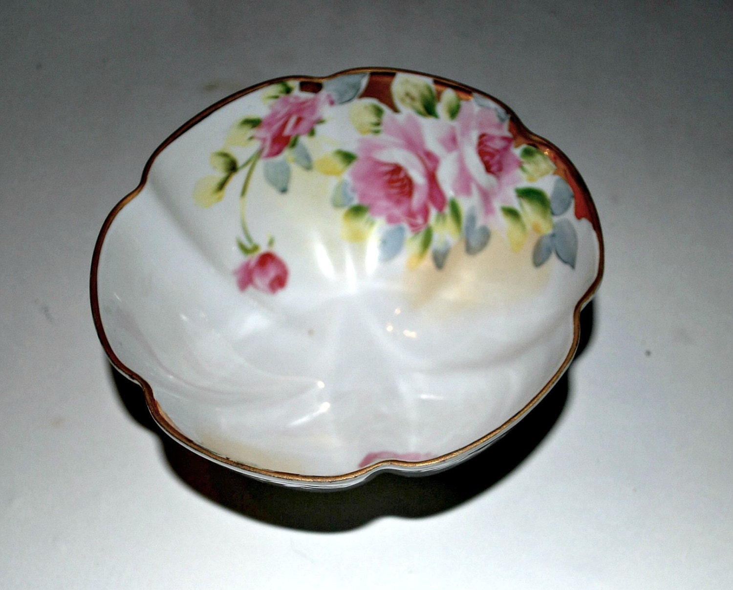 Nippon china fluted footed bowl with roses scallop trim vintage