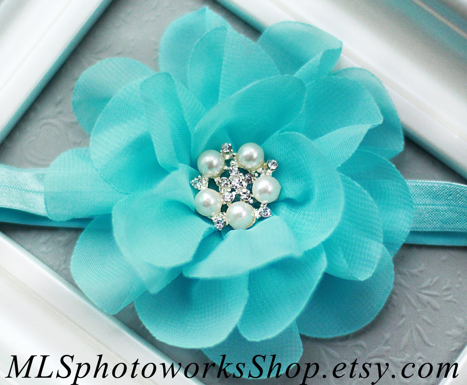 Tiffany Blue Flower Baby Headband Girl's Flower Puff