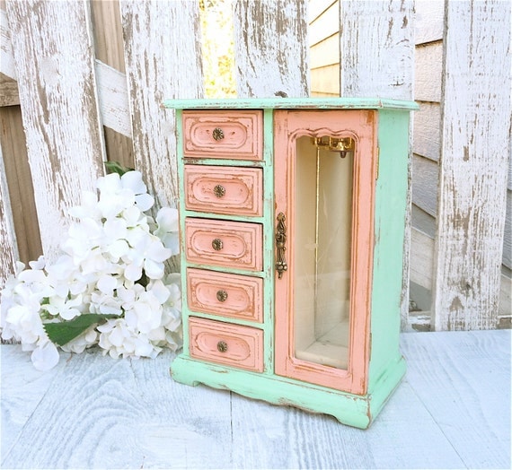 Two Tone, Mint and Coral SHABBY CHIC Jewelry Box / Armoire