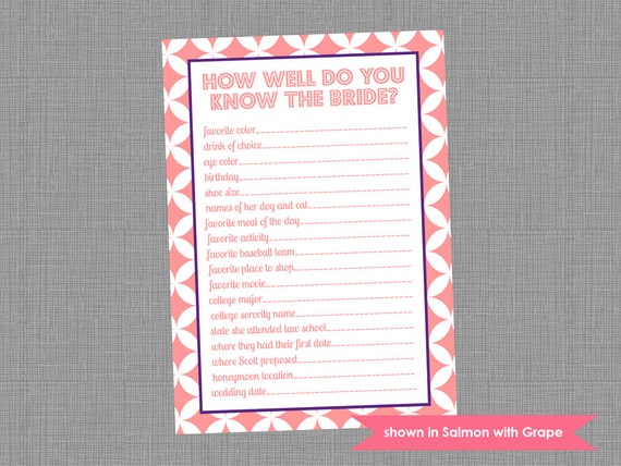 Printable Bridal Shower Game - Shower Themed Pixie Know the Bride Game - Colors and Text Customizable Il_570xn