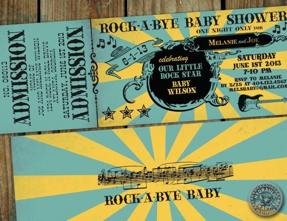 Rock n Roll Baby shower Ticket Invitation - Rock-a-Bye Baby themed party, baby shower with guitar and music notes Il_570xn