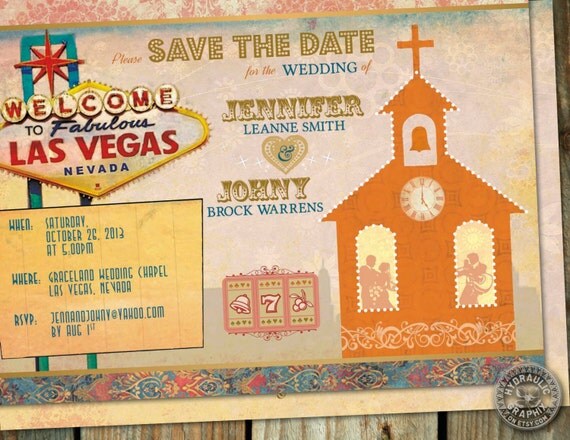 Las Vegas Wedding Chapel Save the Date Postcard with Elvis, clock, bride and groom Il_570xn