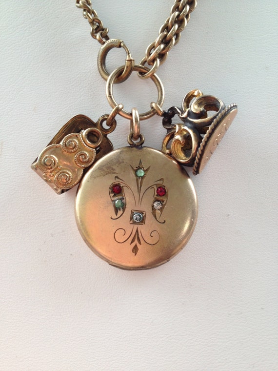 Antique watch fob necklace with round locket and 2 vintage