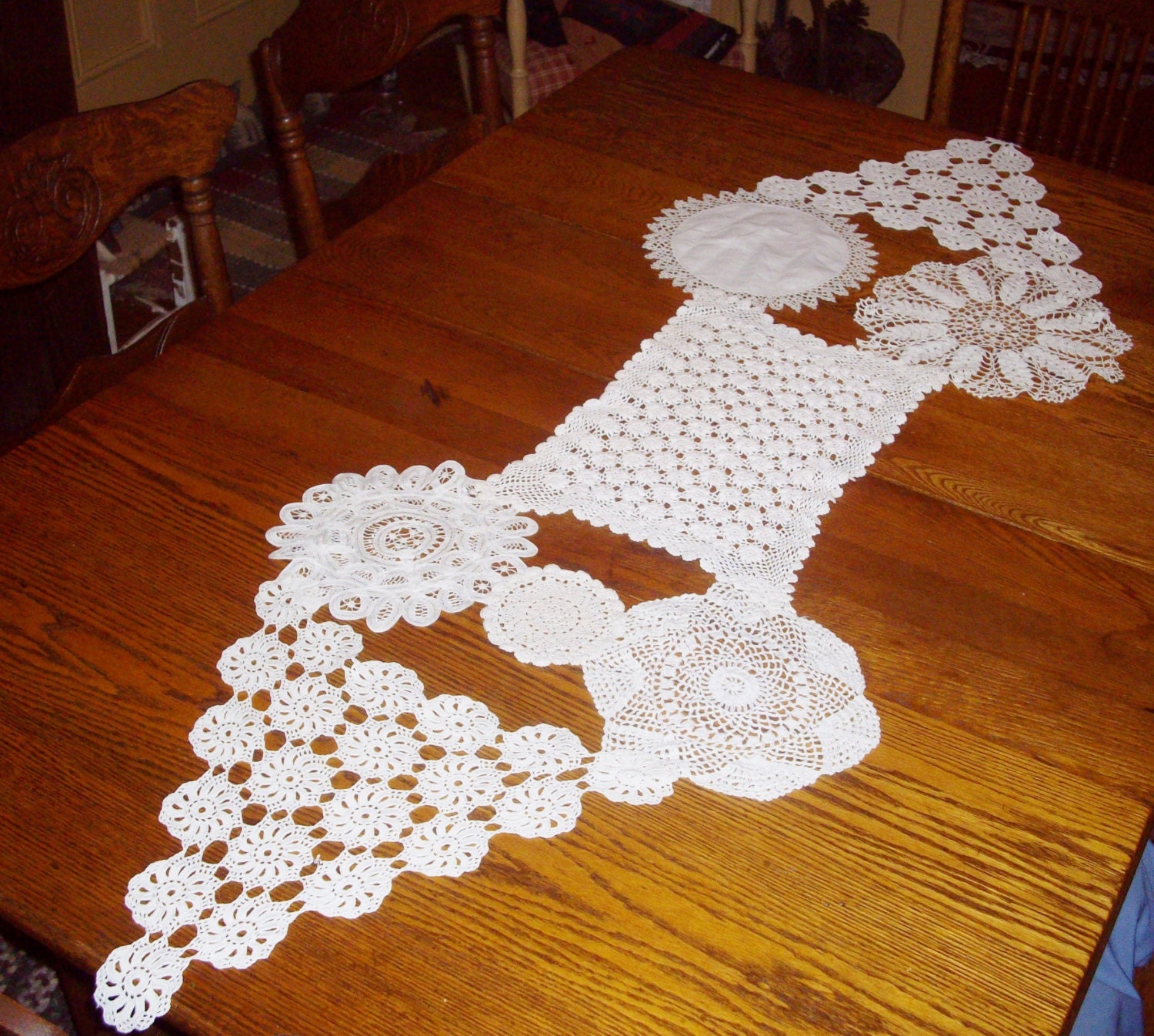 Vintage Crocheted Doily Runner Triangle Handstitched Holiday