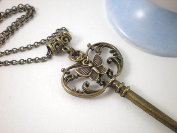 Royal Skeleton Key and Butterfly Antique Brass Necklace