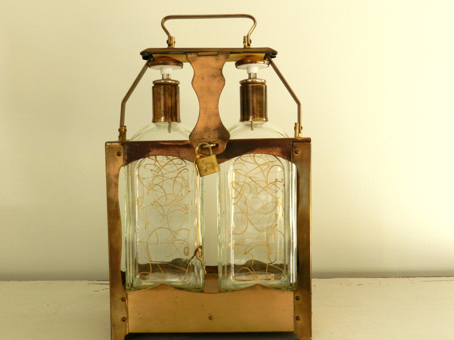 Vintage Decanter Set Tantalus Brass Holder Lock Key Mid