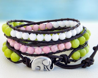 Sakura... Leather wrap bracelet... Beaded Triple Wrap Bracelet. Original OceanBead Style.