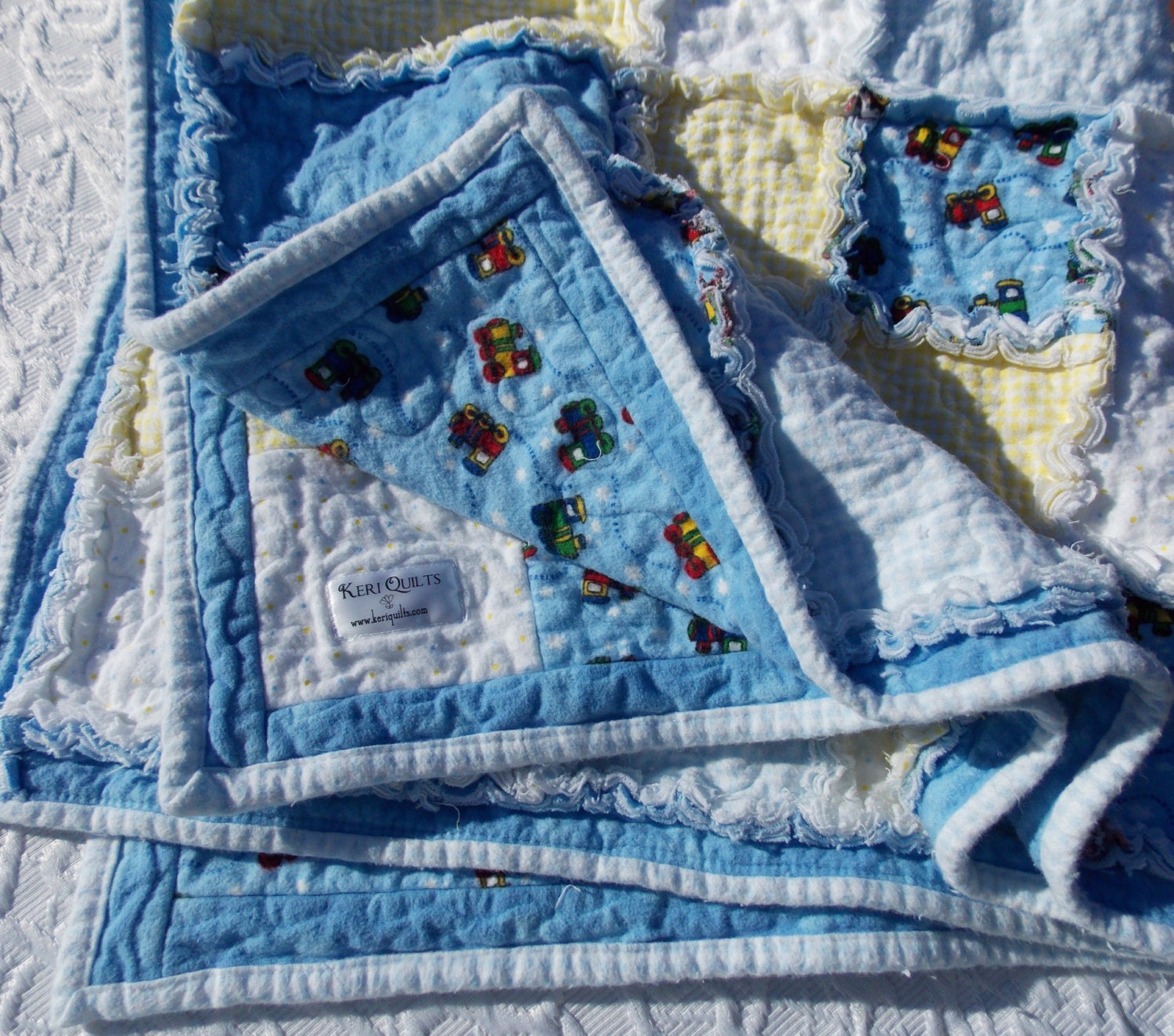 Baby Boy Rag Quilt Trains Blue Flannel Blanket