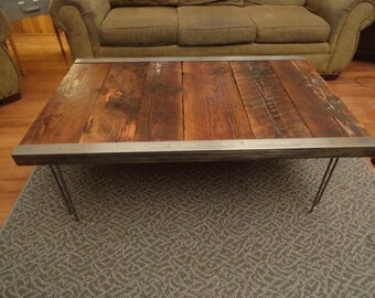 Customizable Industrial Coffee Table, Old Barn Wood, raw steel trim and hairpin legs, Reclaimed, Character, Authentic, Rustic