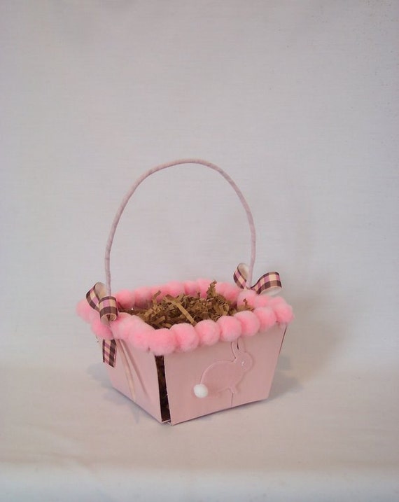 Vintage Wooden Easter Basket Pink Bunny