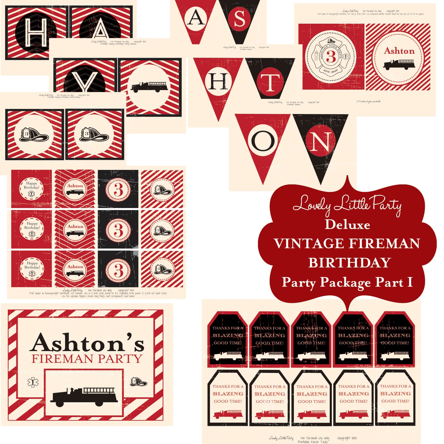 Personalized Printable Vintage Fireman Deluxe Birthday Package
