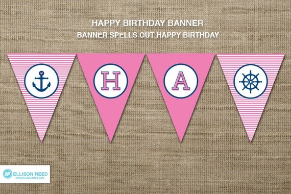 Nautical Printable - Nautical Birthday - Nautical Banner - Pink Birthday - Girl Birthday - Anchor - Navy - Stripes Il_570xn