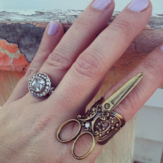 scissor diamond ring antique bronze by AnnabellandLouise on Etsy