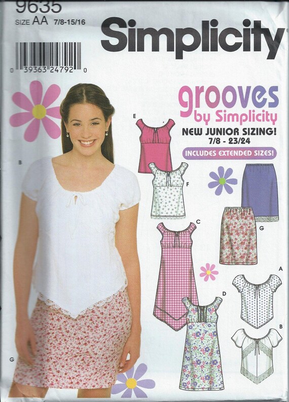 Juniors Tops, Skirt and Dress Pattern, Simplicity 9635, Size Junior ...