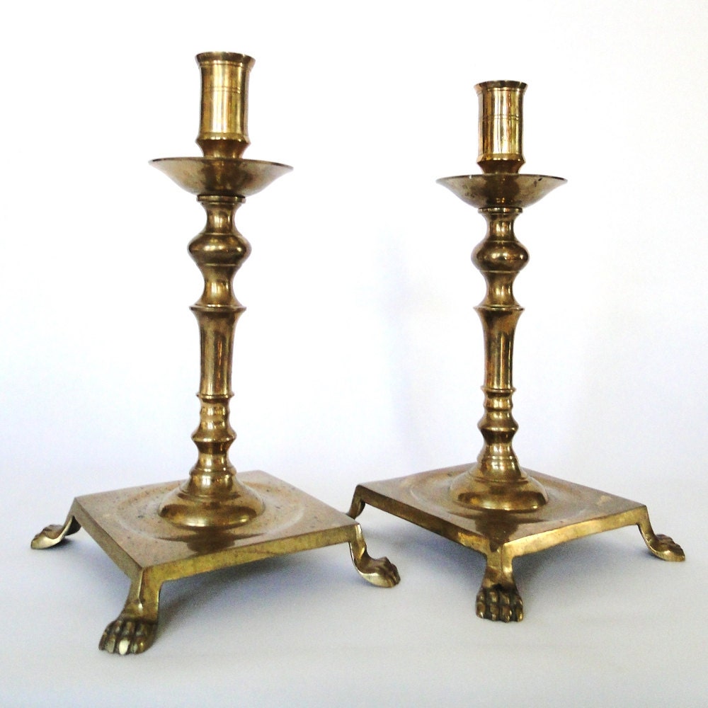 Vintage Brass Candle Holder Lions Feet Candlestick Tapered
