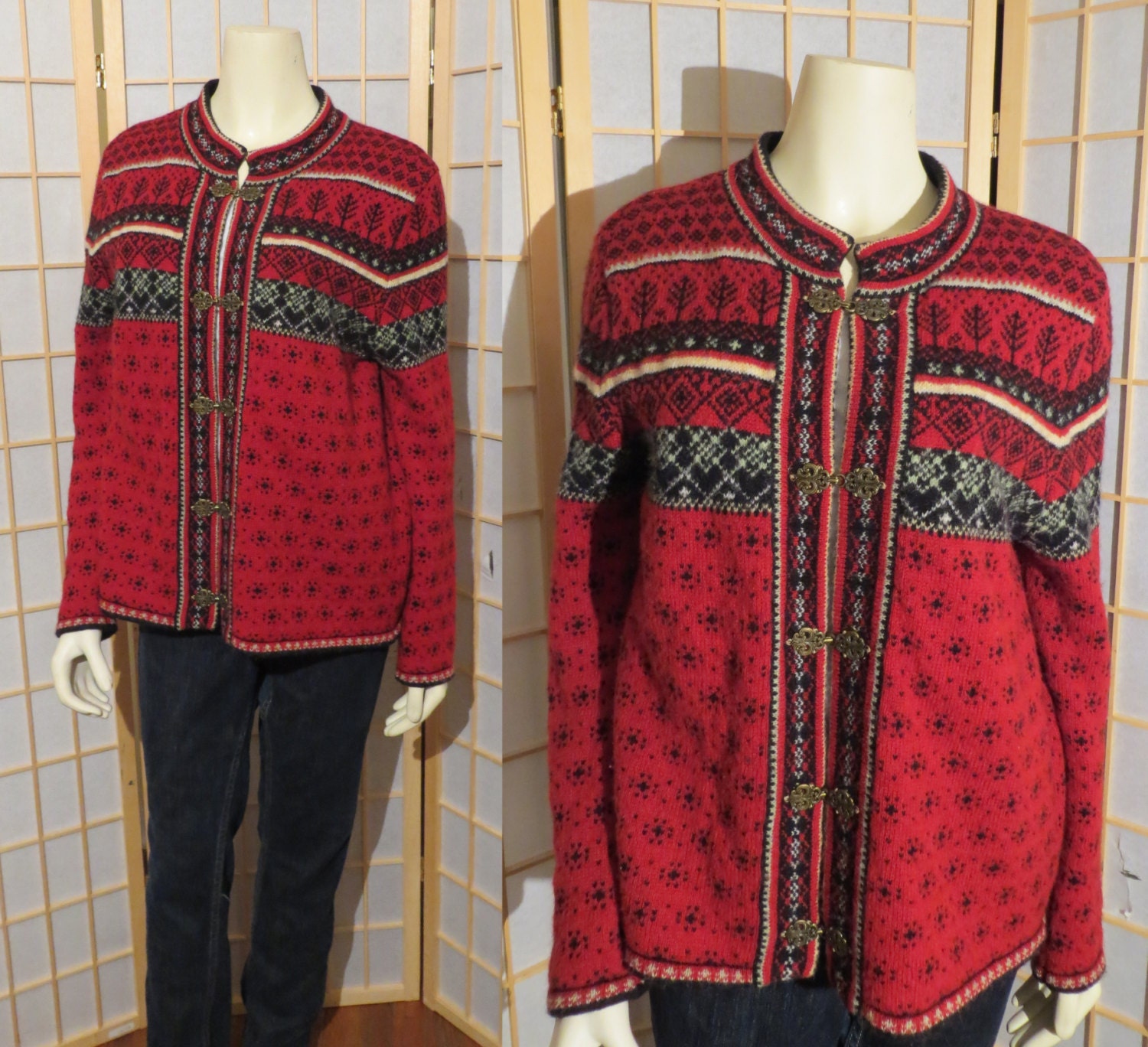 Red nordic style fair isle sweater/ ladies cardigan sweater/
