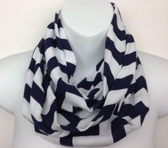 Navy Blue and White Chevron Knit Infinity Scarf by DesignsbyFerdi