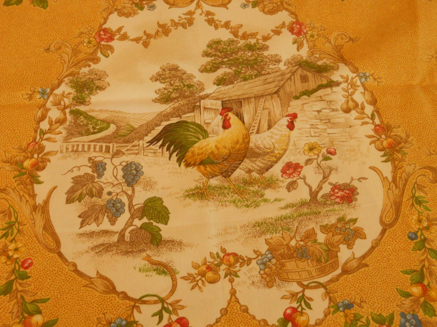Rooster Print Fabric P. Kaufman Gold French Country