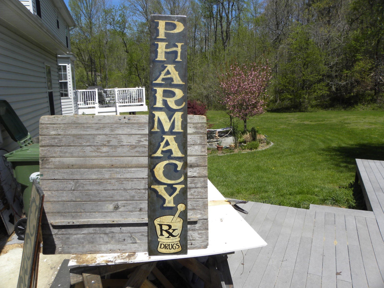 Pharmacy Sign hand painted faux vintage wooden signwall