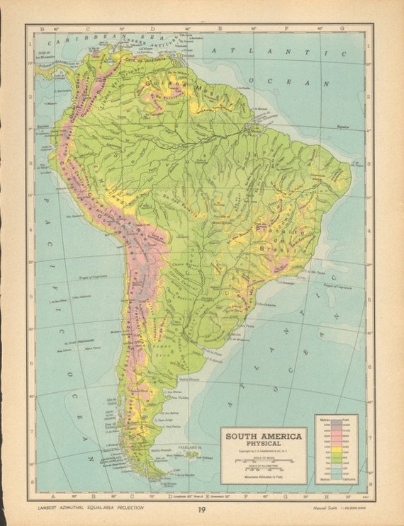 Vintage Map South America 1940s Colorful by amykristineprints