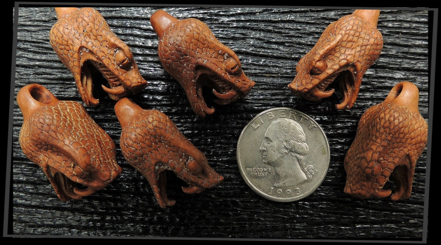 6 Wooden Carved by Hand Snake Head Centerpiece Beads 17 x 31