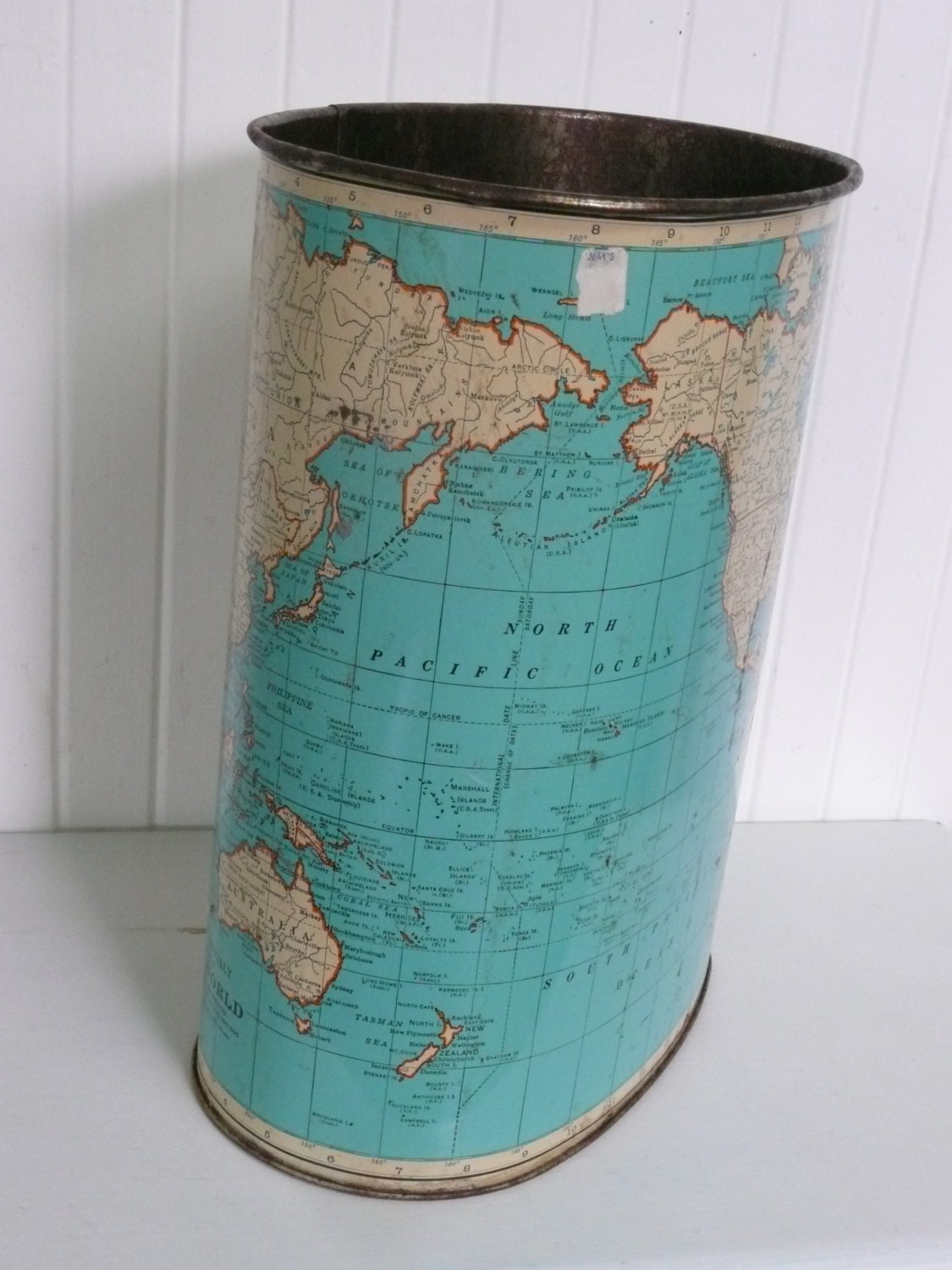 Vintage Metal Weibro World Map Waste Paper Basket Trash Can