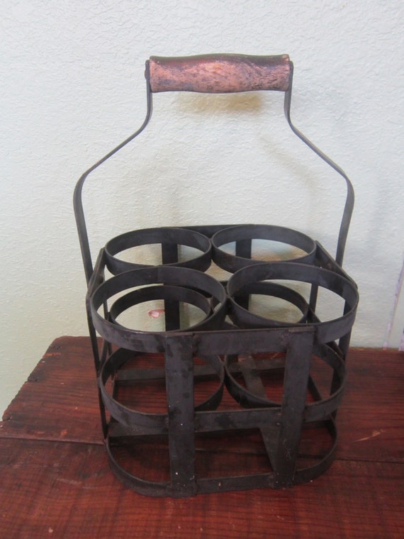 vintage milk bottle holders wrought iron, holder, black bottle iron Vintage crate, wooden handle,