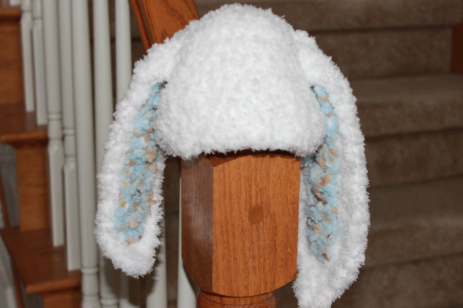 Floppy Ear Baby Bunny Rabbit Crochet Hat White and Blue