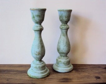 Pair of Distressed Shabby Cottage Chic Wooden Candlesticks - Blue Green Spring Home Decor - Hand Painted Candlesticks - Rustic Candle Holder