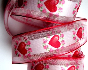Sheer Wired Romantic Heart Ribbon, Muti, 1 1/2 inch wide, 1 yard, For Gift Packing, Wreaths, Center Pieces, Home Decor, Romantic Crafts.