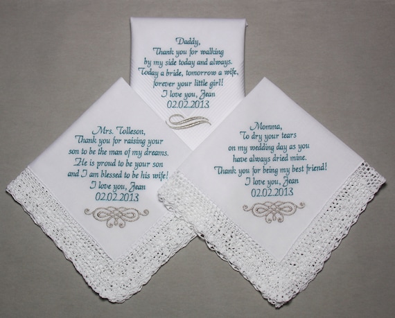 Items similar to Wedding Handkerchiefs Embroidered to Mother of Bride ...