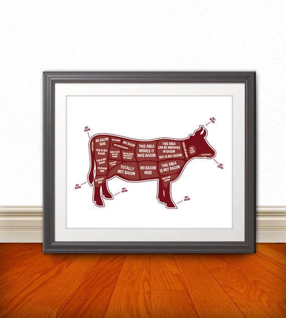 Cow Butcher Diagram, Butcher Chart - Kitchen Sign, Kitchen Print, Kitchen Art, Bacon Print, Bacon Sign - 8x10