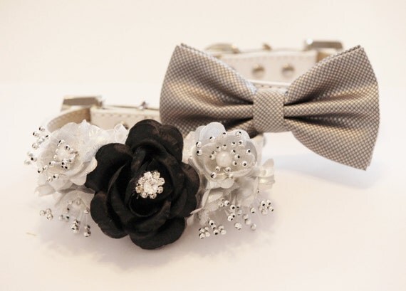 Black Silver wedding Dog collar Bow tie and Floral collar