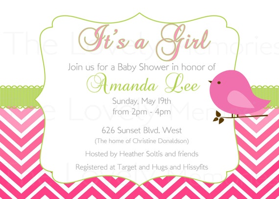 Its a Girl or Its a Boy Sweet Bird Baby Shower Pink & Green chevron Lines Printable Invitation Set Il_570xn