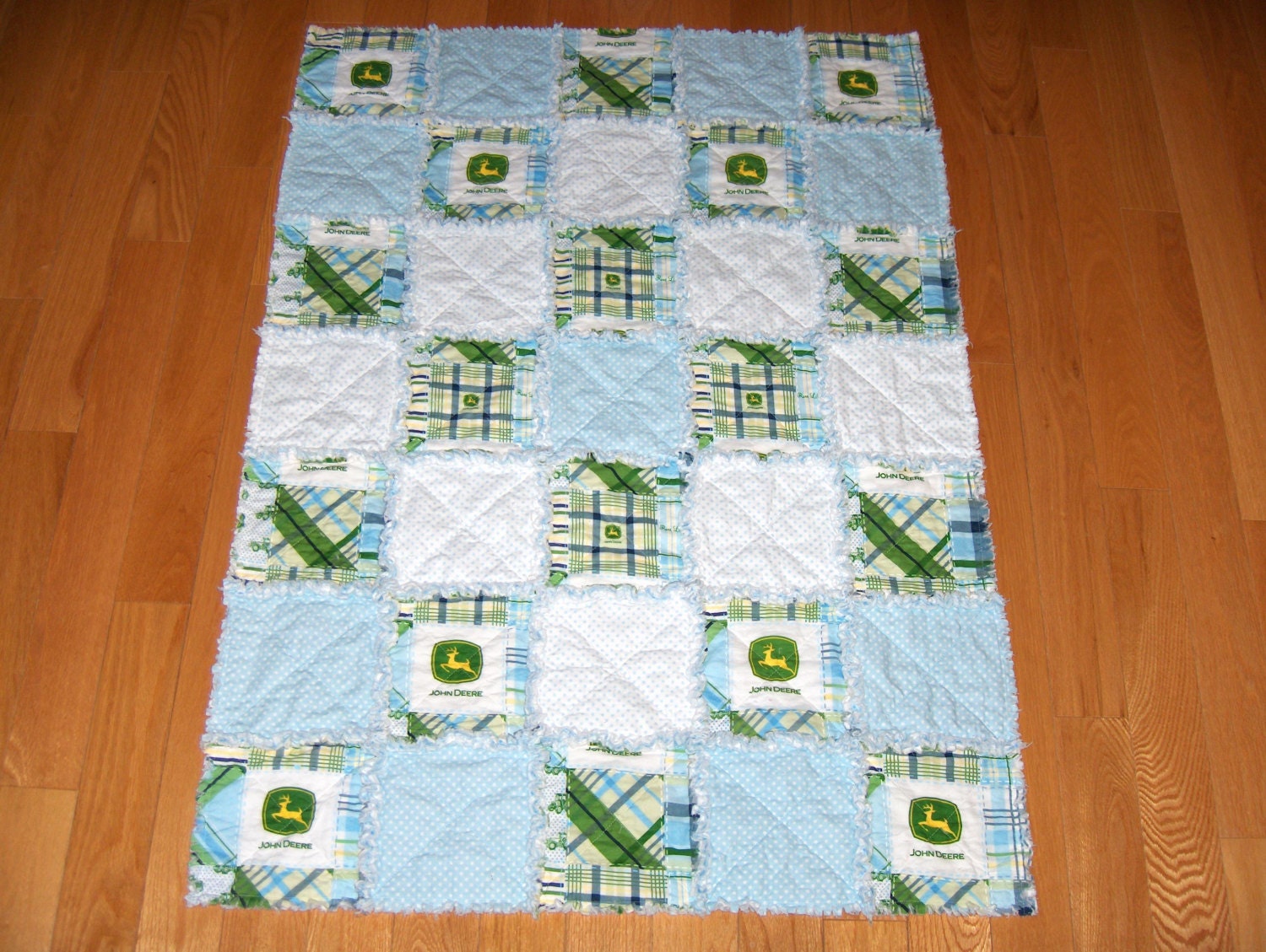 Baby Blue Madras Plaid John Deere Fabric Crib Bedding SET Rag