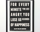 Inspirational Quote Poster - 60 Seconds Of Happiness - Black and White Typography Art Print