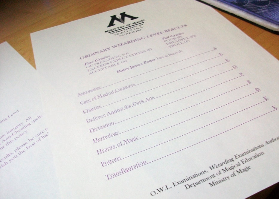 O.W.L. or N.E.W.T. Examination Results Ministry of Magic