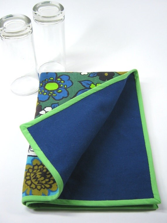 Vintage cotton dish drying mat Navy blue and lime green