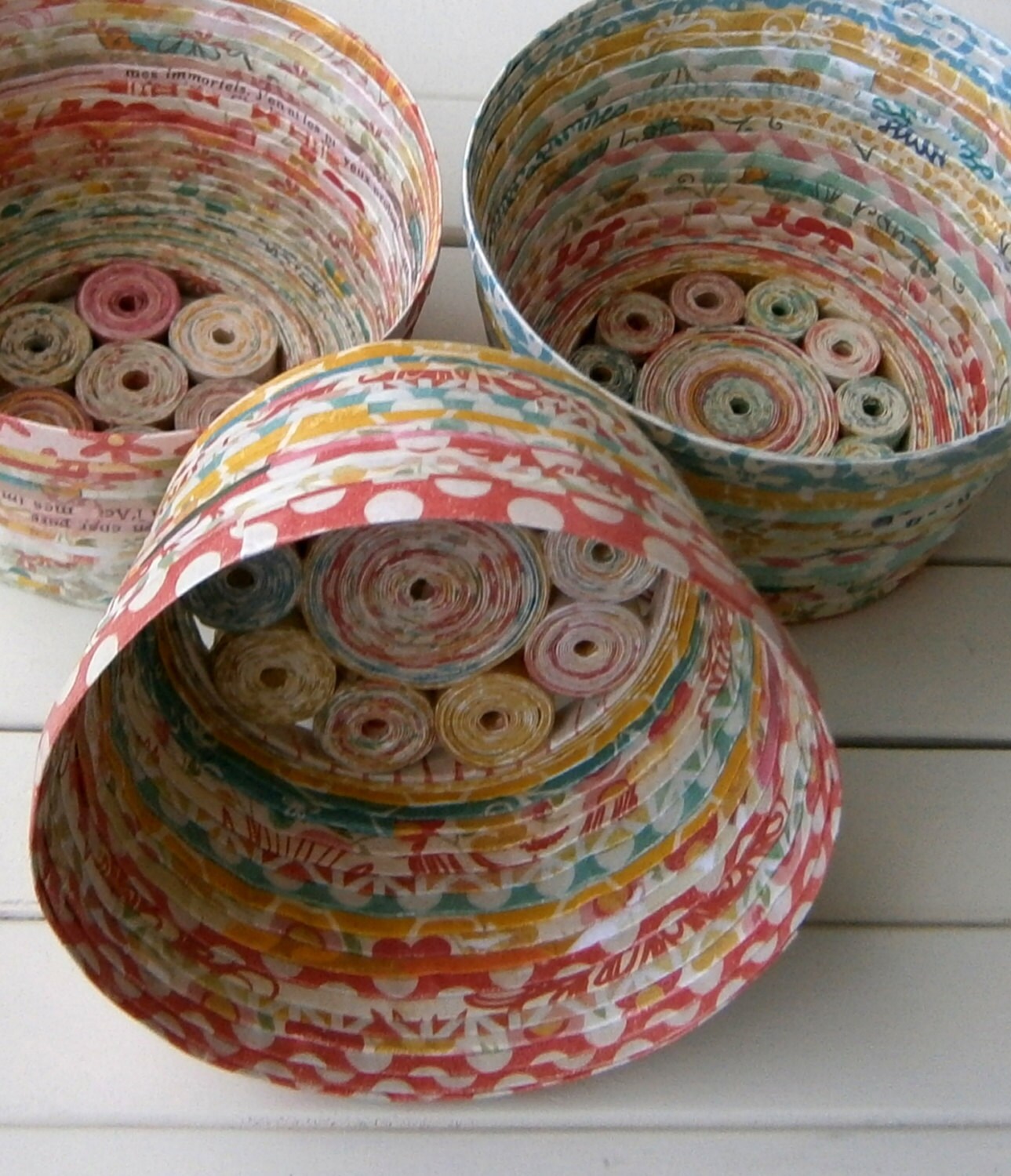 Coiled Paper Basket / Bowl Handmade Cheerful Multicolored