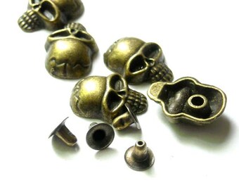 10 Sets Antique Bronze Skull Rivet Studs - 20-R-10